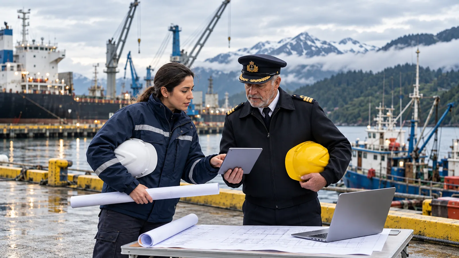 Escena ilustrativa de colaboración en muelle