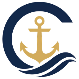 Emblema de la Corporación Marítima, C con ancla y olas